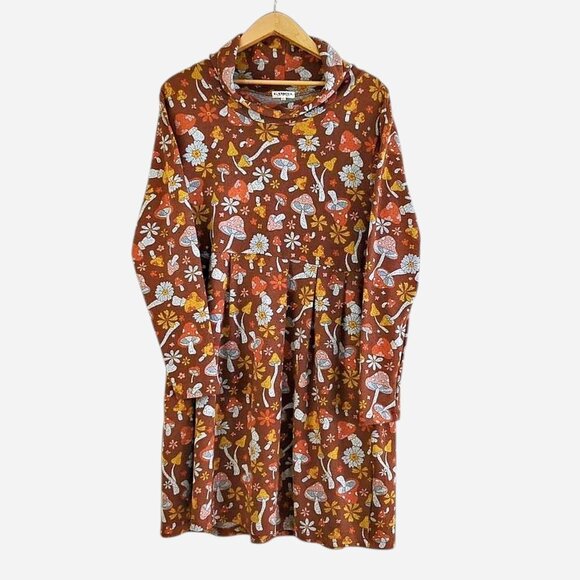 L.A. Soul Brown Mushroom Floral Dress Long Sleeve Cowl Neck Retro Cottagecore XL - Picture 1 of 7